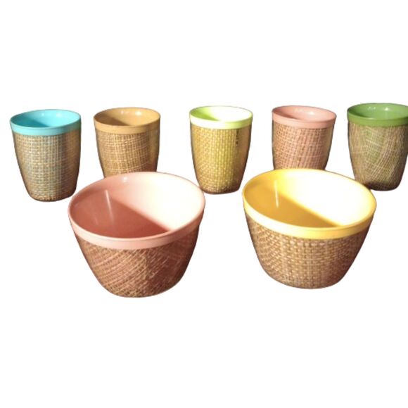 Vintage Set of  Raffia of Tumblers & Bowls - Picture 4 of 4